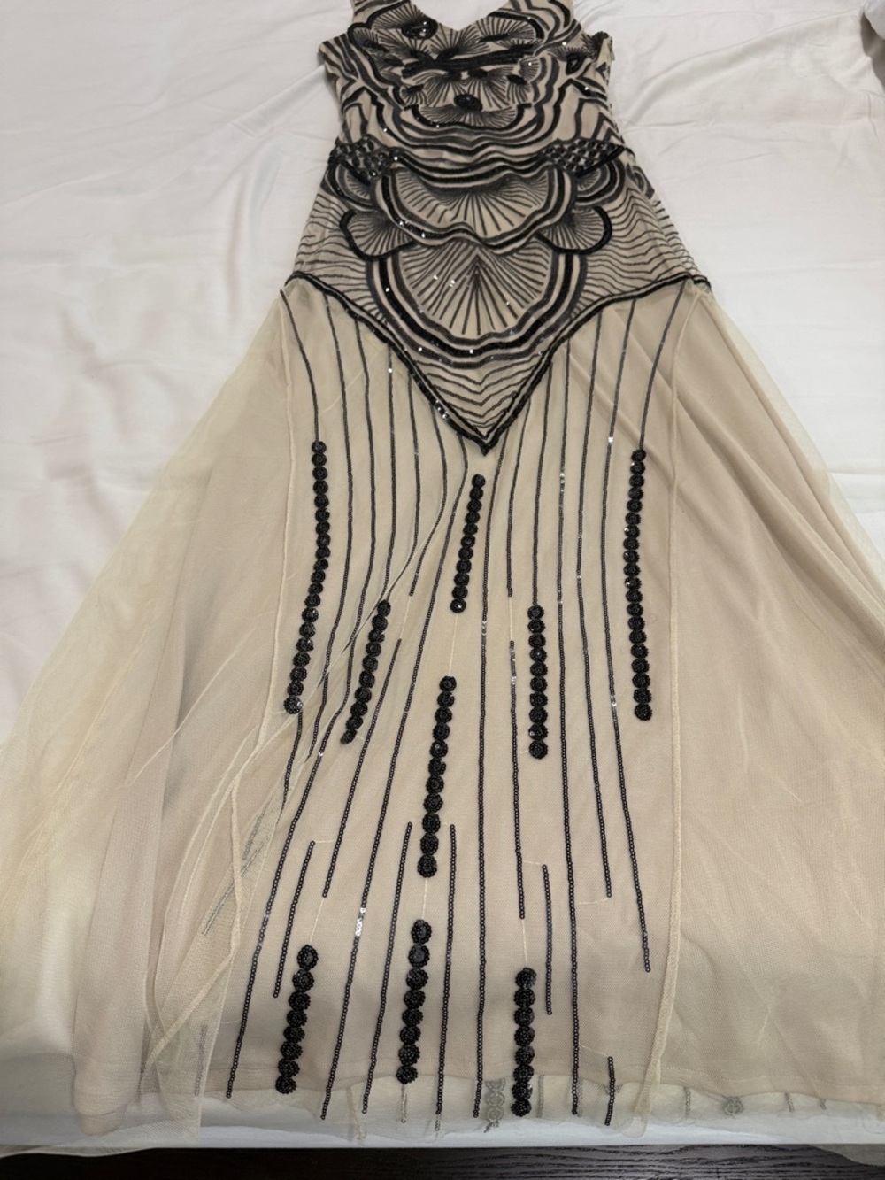 Beaded Cream Maxi Dress with Black Embellishment